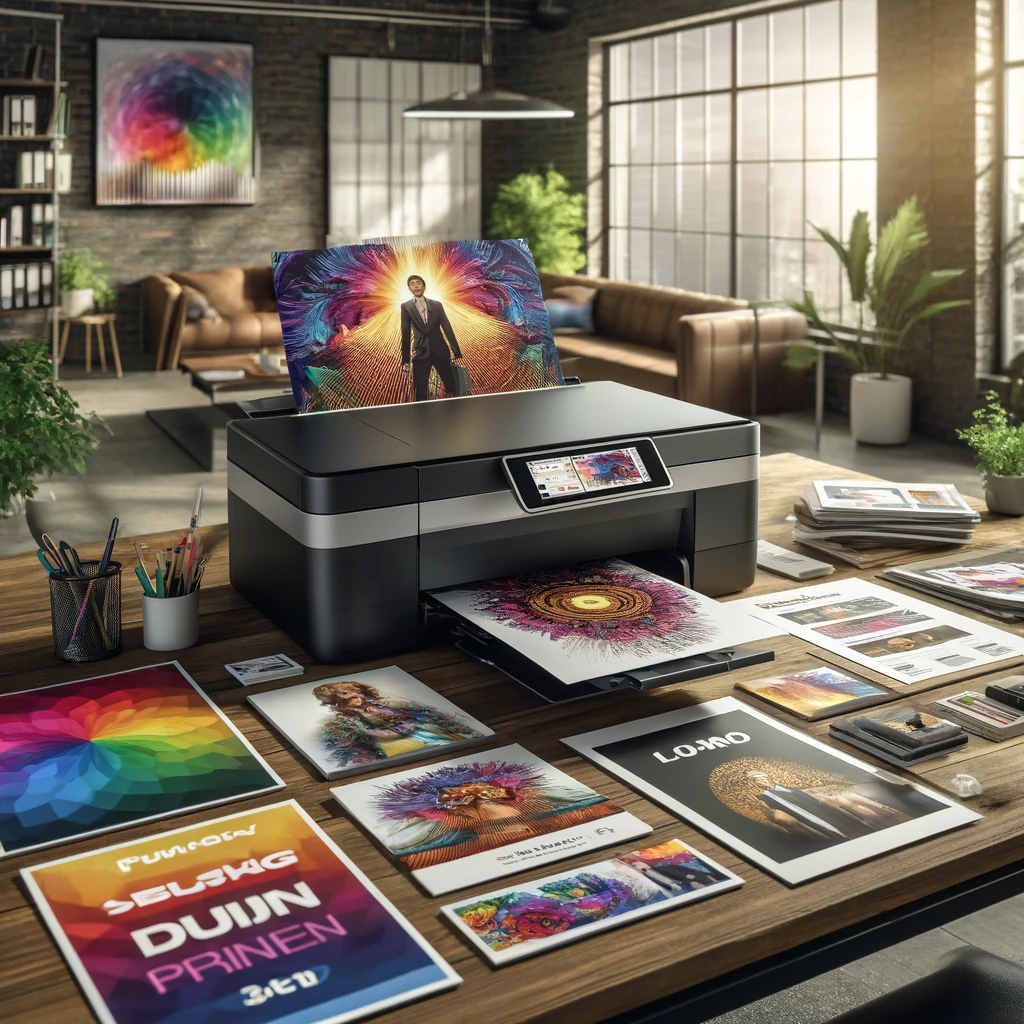 inkjet printer on a desk, surrounded by vividly printed brochures, flyers, and business cards. It highlights the printer's ability to produce high-quality marketing materials with rich colors and detailed graphics, reflecting a dynamic business atmosphere.