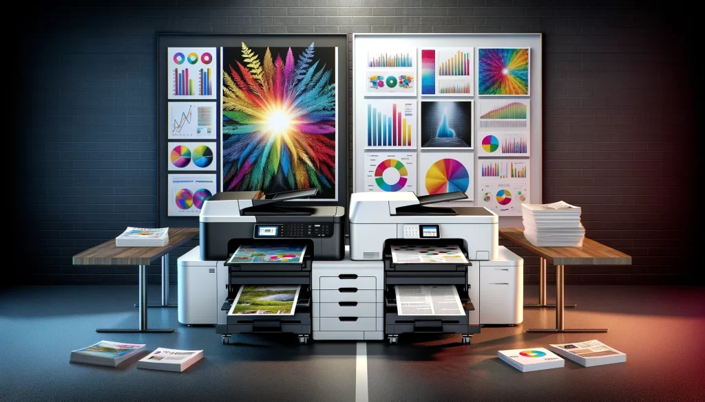 side-by-side comparison of an inkjet and a laser printer on an office table, each with its respective print outputs. The inkjet side features colorful brochures and vibrant photographs, showcasing its color reproduction capabilities. The laser printer side displays stacks of text documents and reports, highlighting its efficiency with text-based printing tasks.